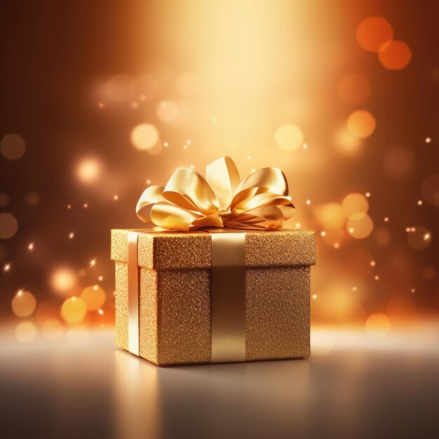 Gold luxury gift box ribbon bow golden light on bokeh background