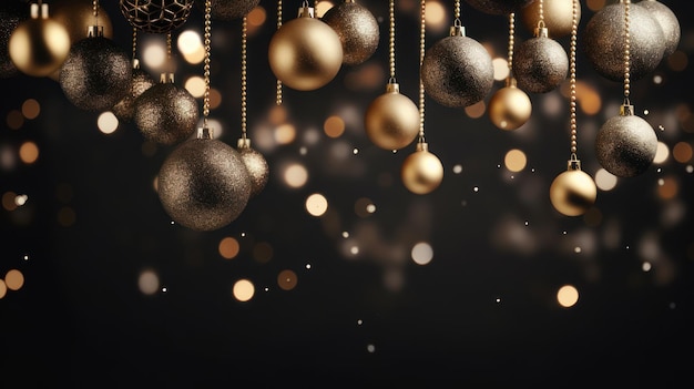 Золотые роскошные новогодние шары и игрушки на черном фоне с огнями боке в канун Рождества