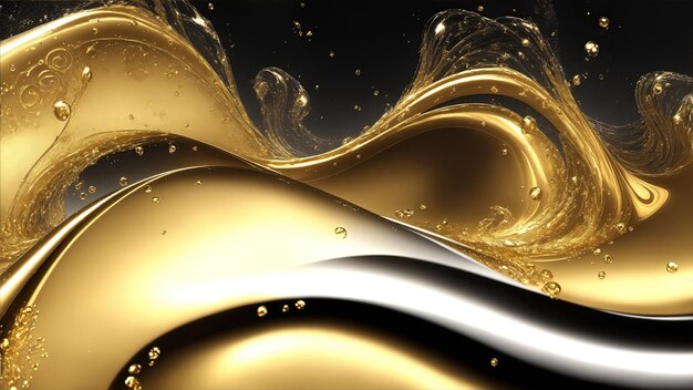 Photo gold luxury swirls waves on gray background shiny golden sparkling water droplets backdrop