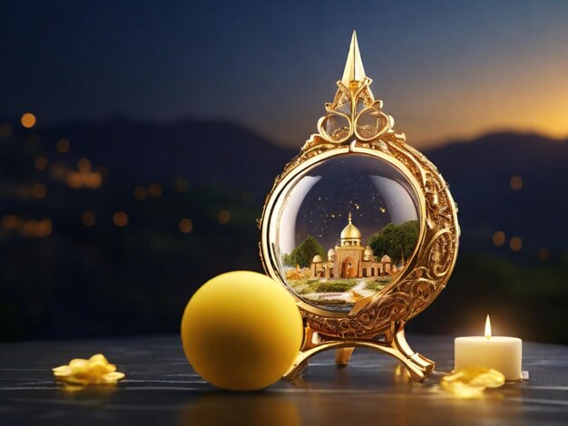 Photo a gold magnifying glass with a candle and a candle in it