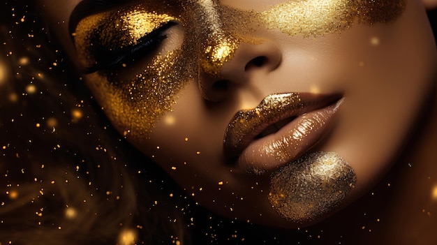 Photo gold makeup gold glitter face gold woman golden makeup