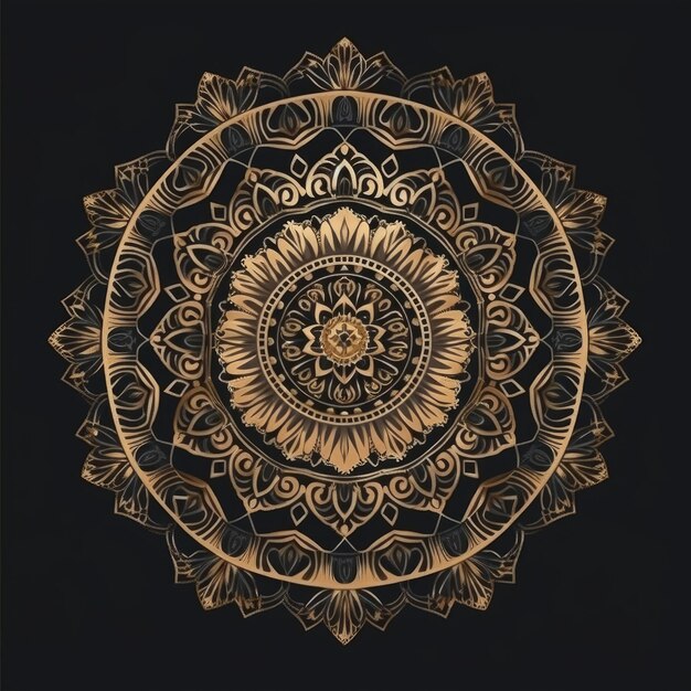 Gold mandala with the word mandala on a black background. stock illustration