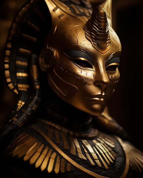 A gold mask with egyptian symbols on it