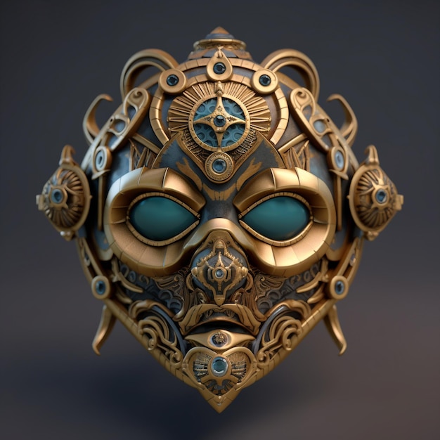 a gold mask with a face that says'the number 3'on it