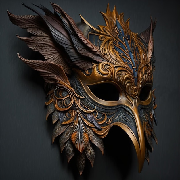 A gold mask with grey background