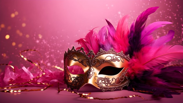 Фото Золотая маска с кружевными и фиолетовыми перьями на светло-фиолетовом фоне с пространством для копирования маски из сложного кружева и перьев блестят на фоне розового свечения карнавалная маска, украшенная яркими перьями