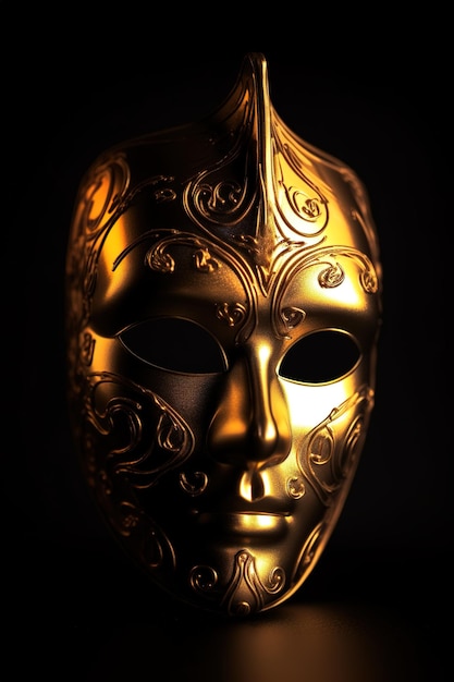 A gold mask with ornate designs is displayed in the dark.