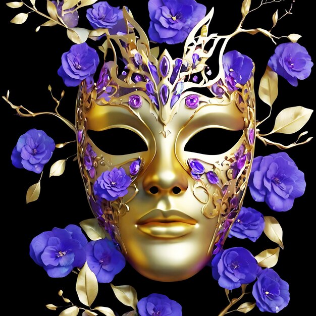 a gold mask with purple flowers on it is a mask that says the gold mask