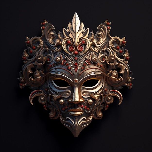 A gold mask with red and silver accents is displayed on a black background.