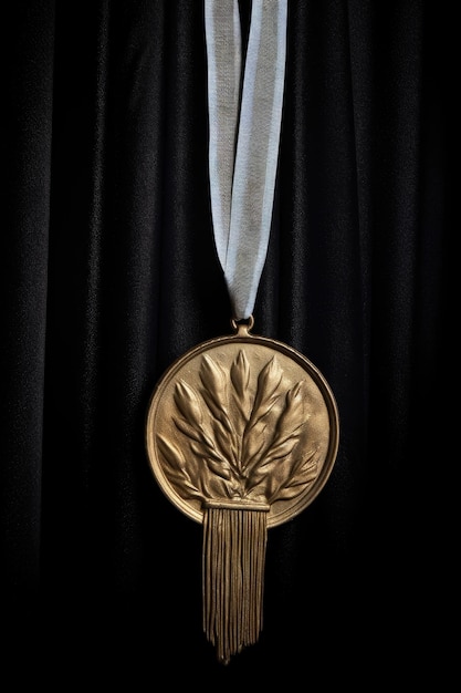 A gold medal hanging against a dark background created with generative ai