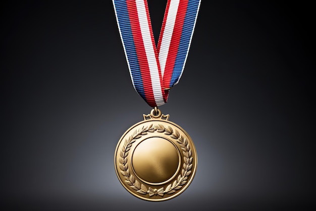 Gold medal hanging from a red white and blue ribbon