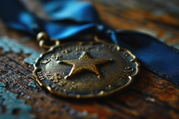 Photo a gold medal with a blue ribbon around it suitable for awards and achievements