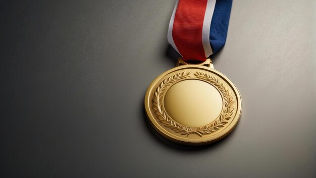 Gold medal with red and blue ribbon