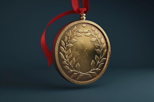 A gold medal with a red ribbon hanging from it