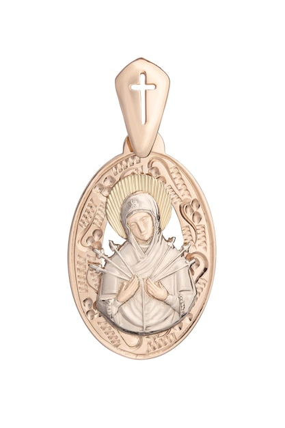 Gold medallion icon of the Mother of God The jewelry is isolated on a white background Expensive jewelry precious