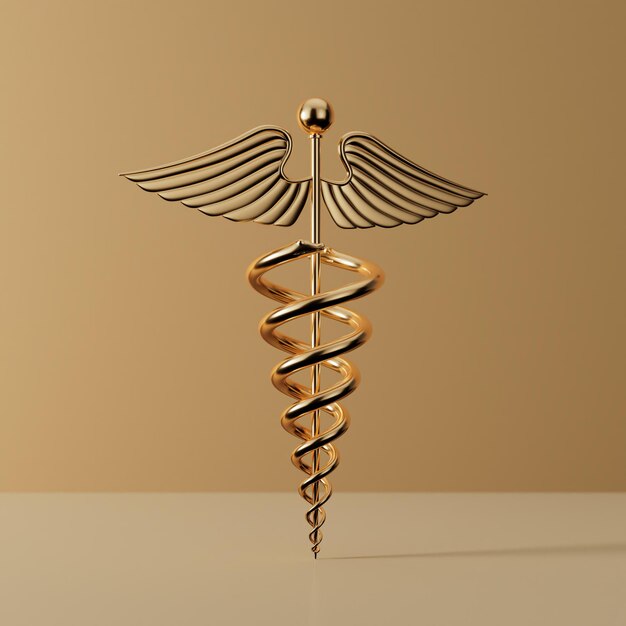 Foto rendering 3d del simbolo medico caduceo d'oro