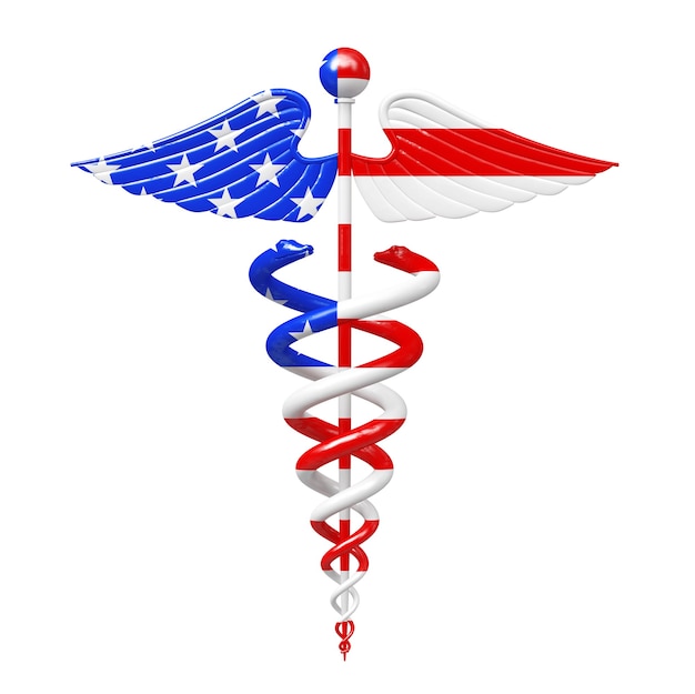 Foto simbolo medico del caduceo dell'oro come bandiera degli stati uniti d'america usa uno sfondo bianco. rendering 3d