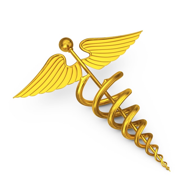 Gold Medical Caduceus Symbol on a white background. 3d Rendering