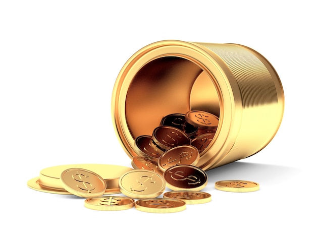 Золотая металлическая банка с разбросанными долларовыми монетами