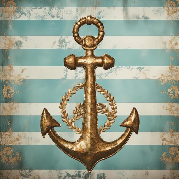 a gold metallic anchor on a blue and white stripe background in the style of light teal and skyblue