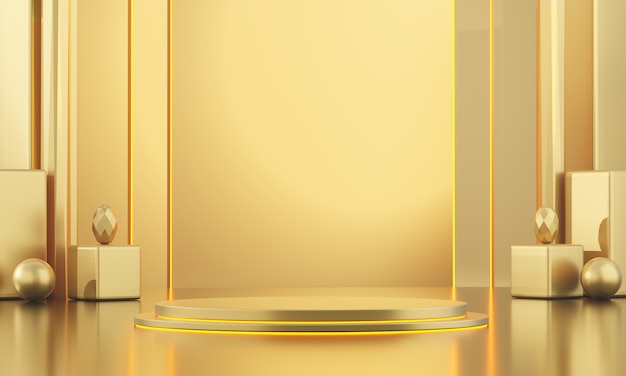 Gold metallic Mock Up Standing Template for Products Advertising and Commercial, 3D rendering.