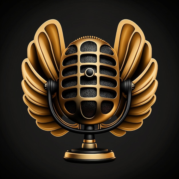 A gold microphone with wings on it is on a black background.