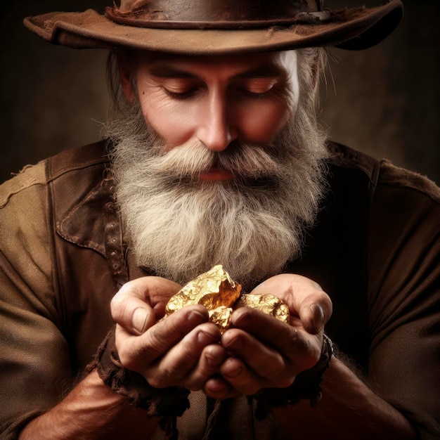 Foto ritratto del minatore d'oro pepita d'oro nelle mani di un cercatore d'oro ai generativo