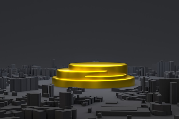 Золотой минимальный подиум или пьедестал на черном фоне карты зданий города 3d-рендеринга для презентации косметической продукции