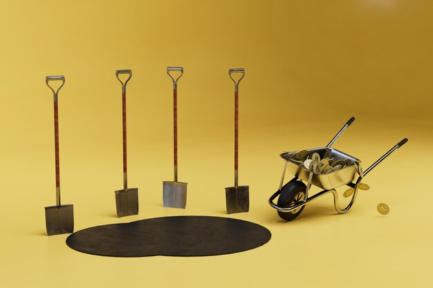 Gold mining concept shovels and a construction trolley in which\
gold coins lie 3d render
