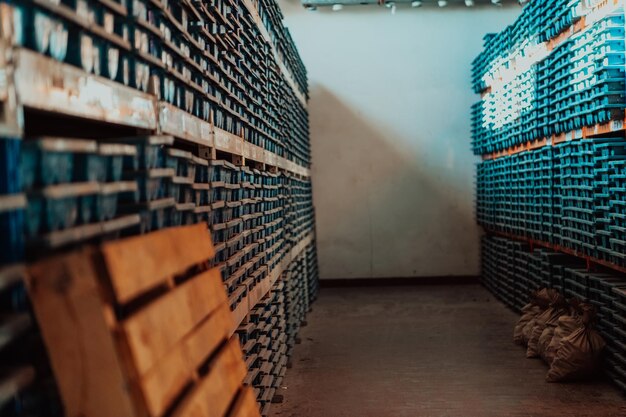 Gold mining storage rock core samples geology drilling industry. Large ore warehouse in modern industry, ores stacked in boxes. Selective focus. High-quality photo