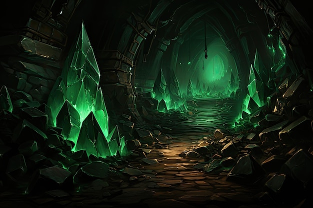 A gold mining tunnel is included in a hypothetical scenario with gleaming gold beautiful diamonds and other minerals Digital image depicts an amazing underground gold and emerald mine