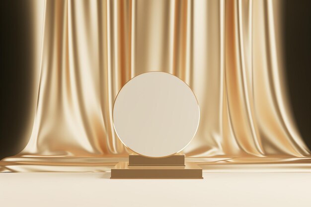 흰색 배경의 받침대에 있는 금색 거울.