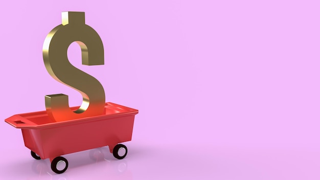 Il simbolo del denaro d'oro sul carrello del carrello per il rendering 3d di concetto di business