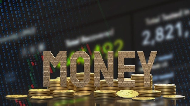 The gold money text and coins on business background 3d rendering