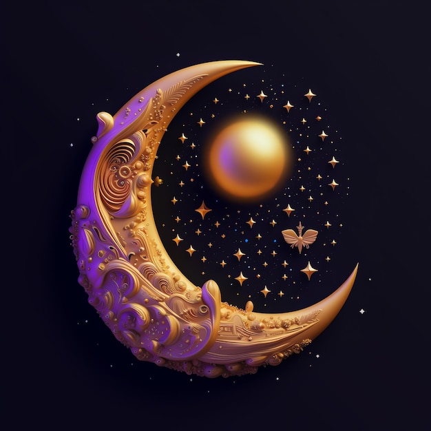 A gold moon with a gold ball and stars