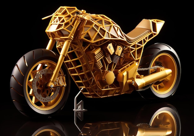 側面に「スクーター」と書かれたサイドカーが付いた金色のオートバイ
