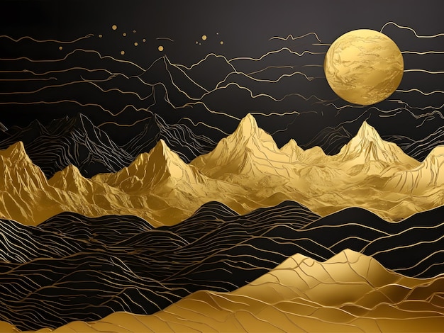 金の山ライン アートの豪華な背景抽象的な丘のレリーフ黒と金色の自然