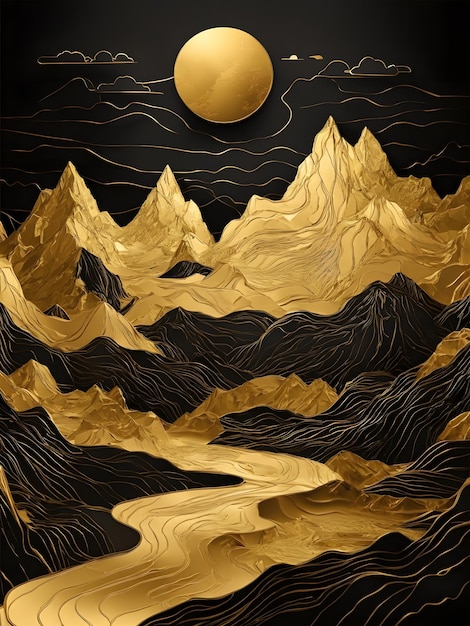 Photo gold mountains line art luxury background abstract hill relief black and golden nature