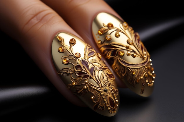 gold nails with a gold design