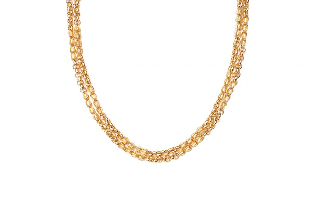 Gold necklace on white background