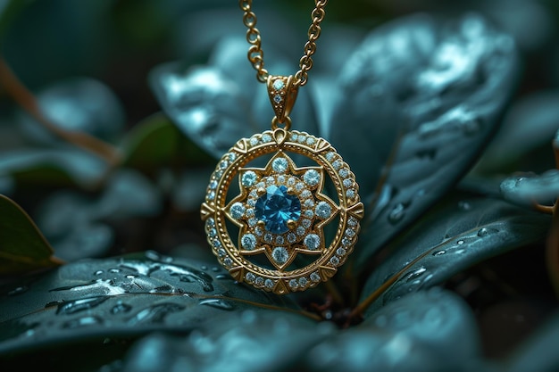 Золотое ожерелье с голубым камнем и листьями