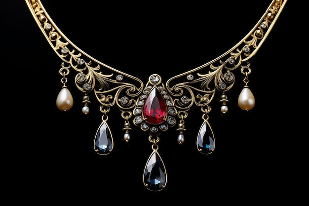 a gold necklace with a red diamond and a drop of water