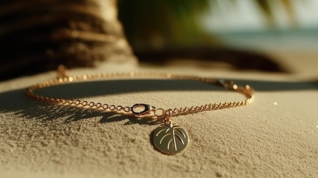 A gold necklace with a seashell and a gold charm.