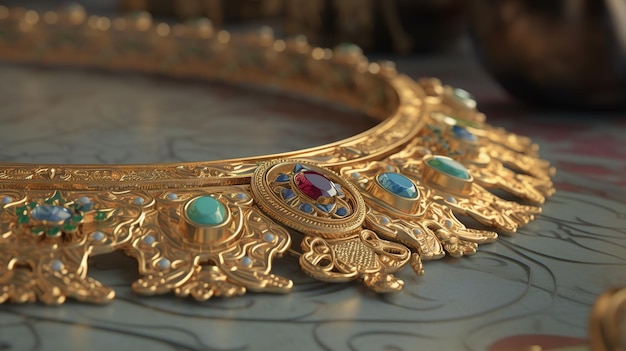 A gold necklace with turquoise and red stones