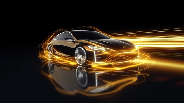 Photo gold neon glowing in the dark electric car on high speed running concept