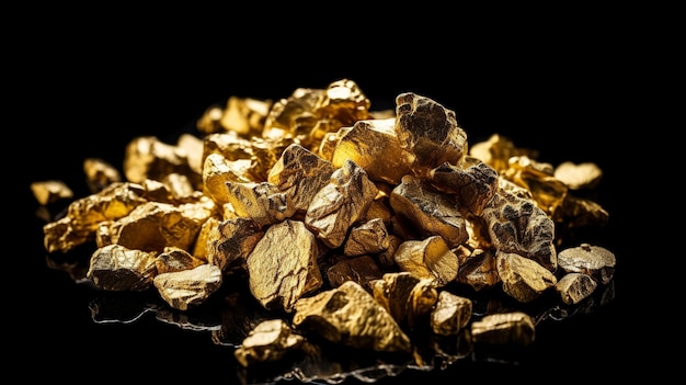 Gold nugget or gold ore heap of golden nuggets isolated on black background