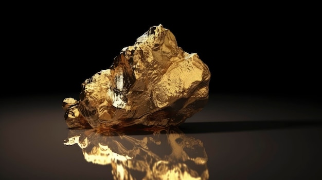 A gold nugget sits on a reflective surface.