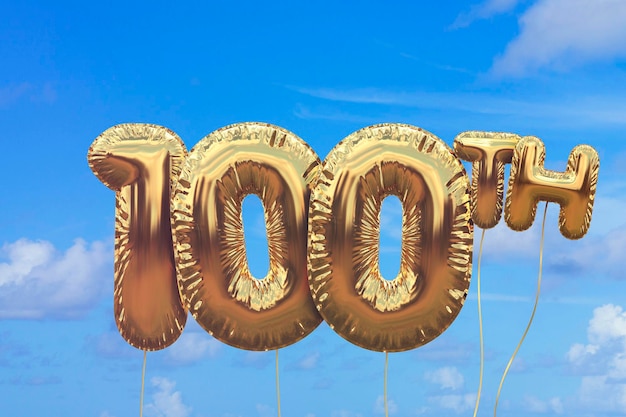 밝은 파란색 여름 하늘을 배경으로 하는 골드 번호 100 호일 생일 풍선 골든 파티 축하 3D 렌더링
