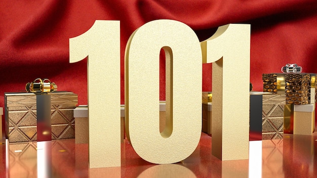 Gold number 101 and gift box on red silk for business concept