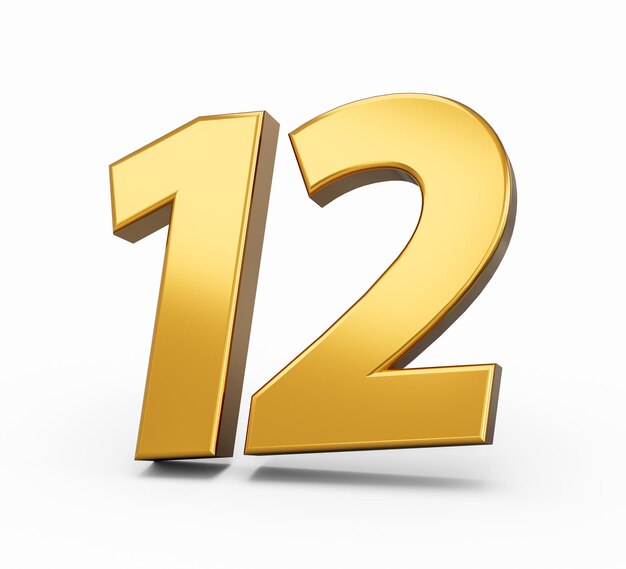 Золотой номер 12 изолированный белый фон блестящий 3D номер 12 сделанный из золота 3D иллюстрация